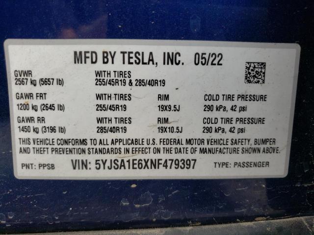 5YJSA1E6XNF479397 - 2022 TESLA MODEL S Կապույտ լուսանկար 12