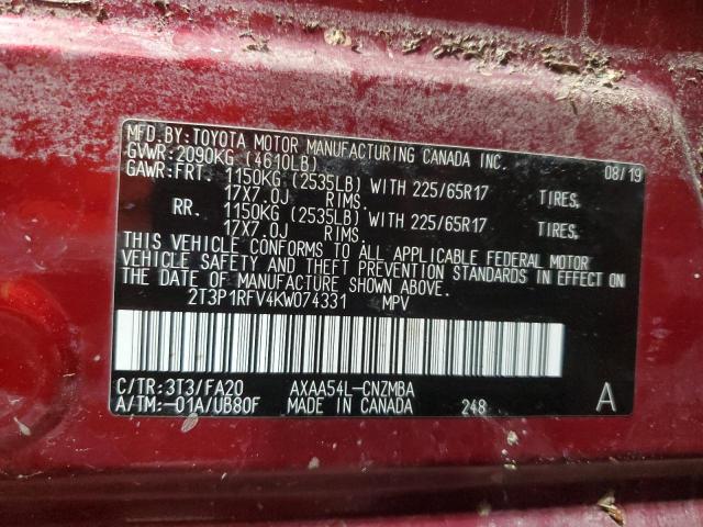 2T3P1RFV4KW074331 - 2019 TOYOTA RAV4 XLE MAROON photo 13