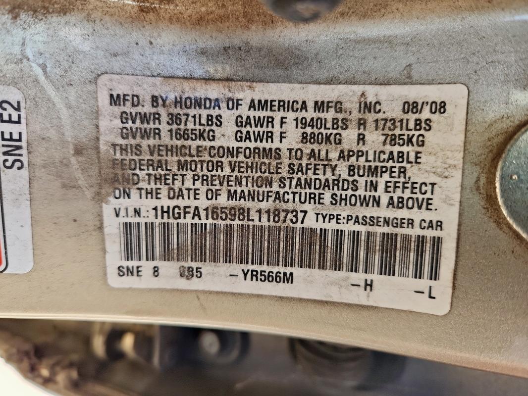 1HGFA16598L118737 - 2008 HONDA CIVIC LX بيج صورة 13
