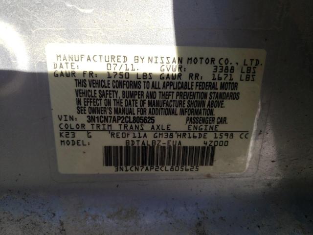 3N1CN7AP2CL805625 - 2012 NISSAN VERSA S SILVER photo 12