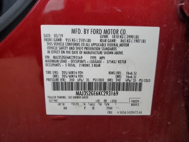 MAJ3S2GE6KC293169 - 2019 FORD ECOSPORT SE MAROON photo 13