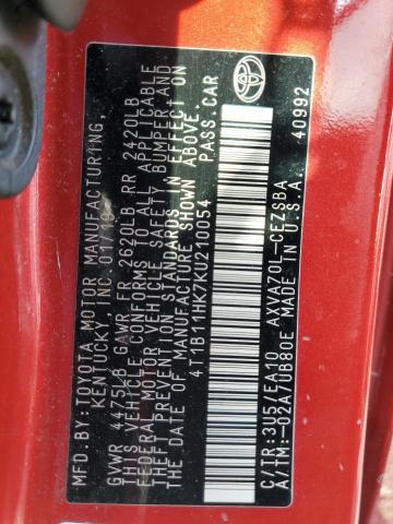 4T1B11HK7KU210054 - 2019 TOYOTA CAMRY L Қызыл фото 11