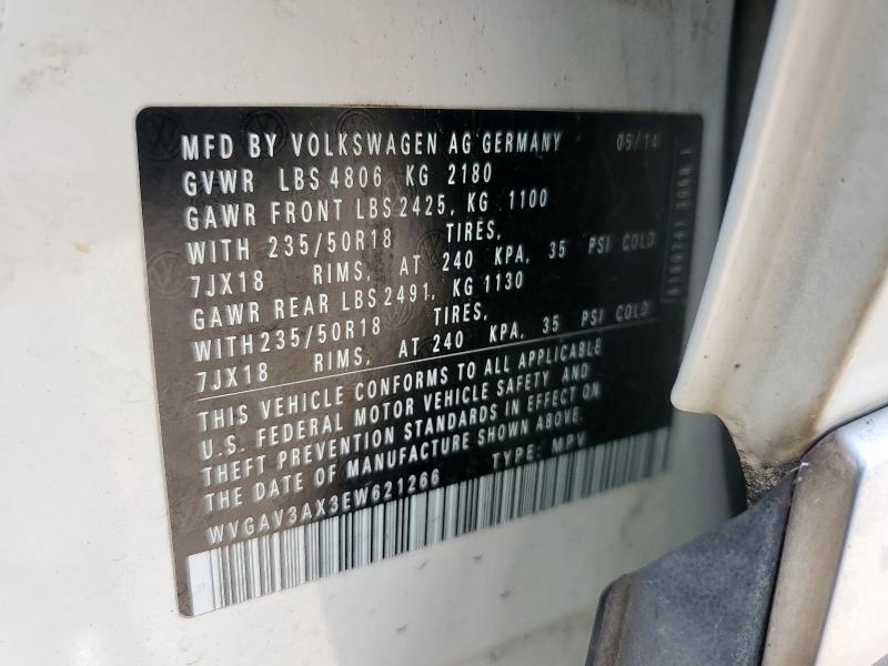 WVGAV3AX3EW621266 - 2014 VOLKSWAGEN TIGUAN S WHITE photo 13