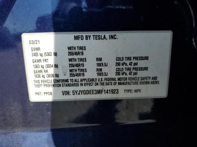 5YJYGDEE3MF141923 - 2021 TESLA MODEL Y BLUE photo 13