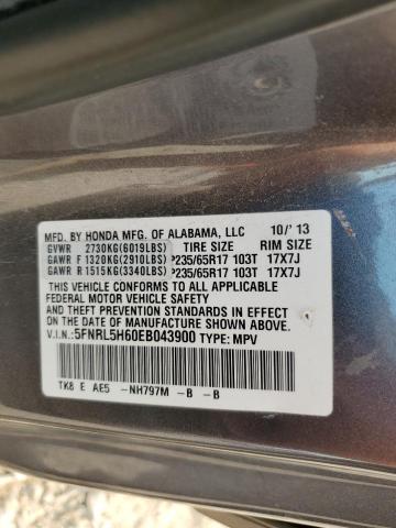 5FNRL5H60EB043900 - 2014 HONDA ODYSSEY EXL GRAY photo 13