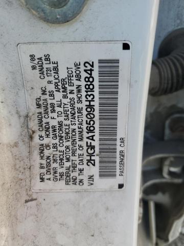 2HGFA16509H318842 - 2009 HONDA CIVIC LX 白色 照片 12