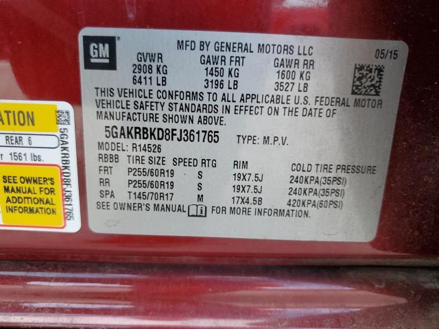 5GAKRBKD8FJ361765 - 2015 BUICK ENCLAVE 勃艮第红 照片 13