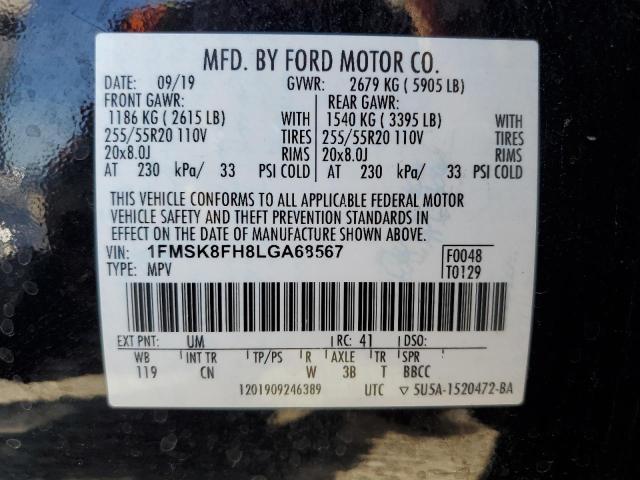 1FMSK8FH8LGA68567 - 2020 FORD EXPLORER LIMITED BLACK photo 13