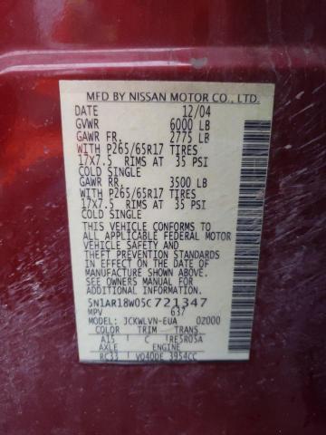 5N1AR18W05C721347 - 2005 NISSAN PATHFINDER LE RED photo 12