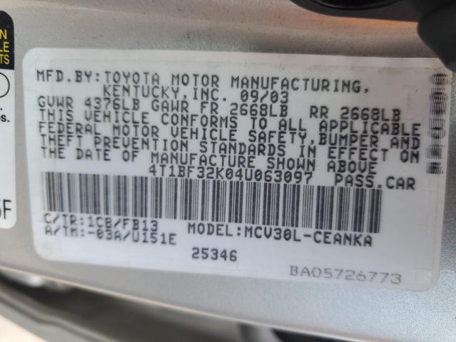 4T1BF32K04U063097 - 2004 TOYOTA CAMRY LE SILVER photo 12