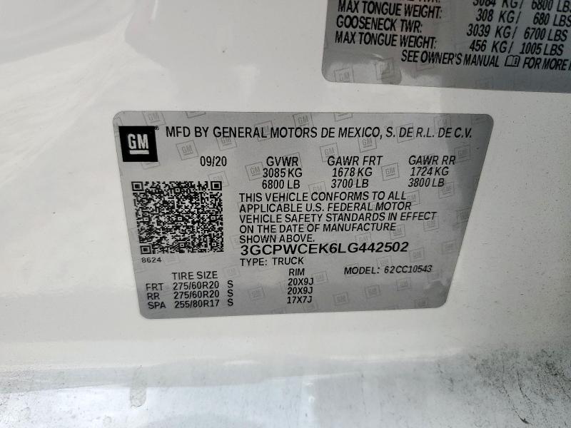 3GCPWCEK6LG442502 - 2020 CHEVROLET SILVERADO C1500 LT WHITE photo 13