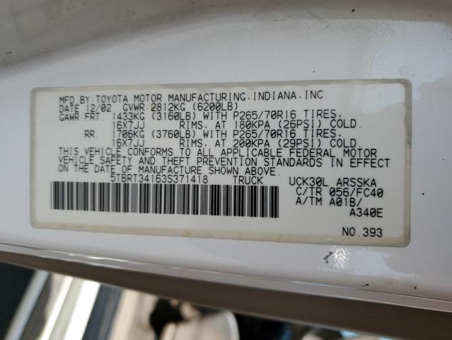 5TBRT34163S371418 - 2003 TOYOTA TUNDRA ACCESS CAB SR5 WHITE photo 12