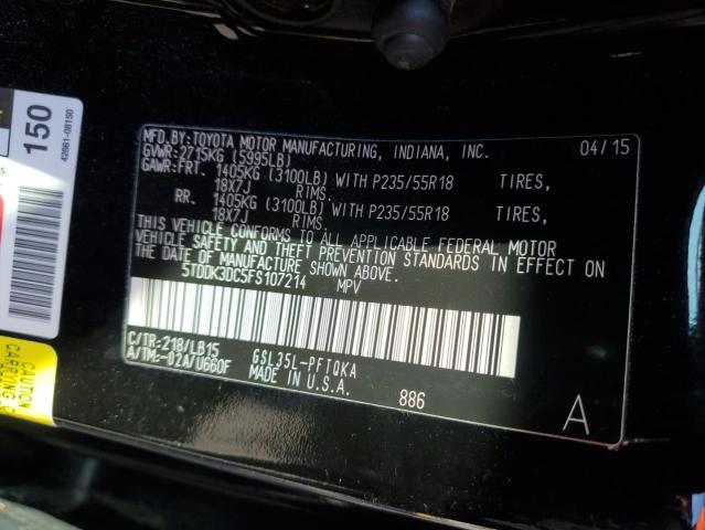 5TDDK3DC5FS107214 - 2015 TOYOTA SIENNA XLE BLACK photo 13