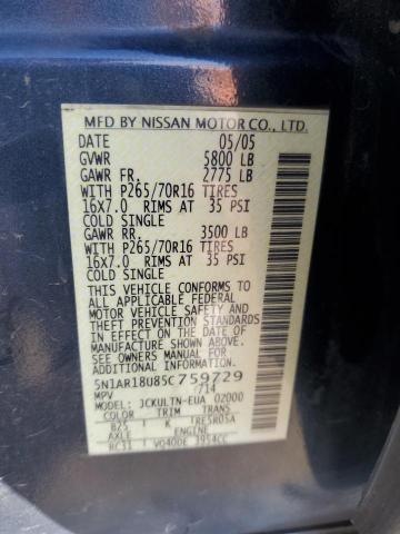 5N1AR18U85C759729 - 2005 NISSAN PATHFINDER LE BLUE photo 12