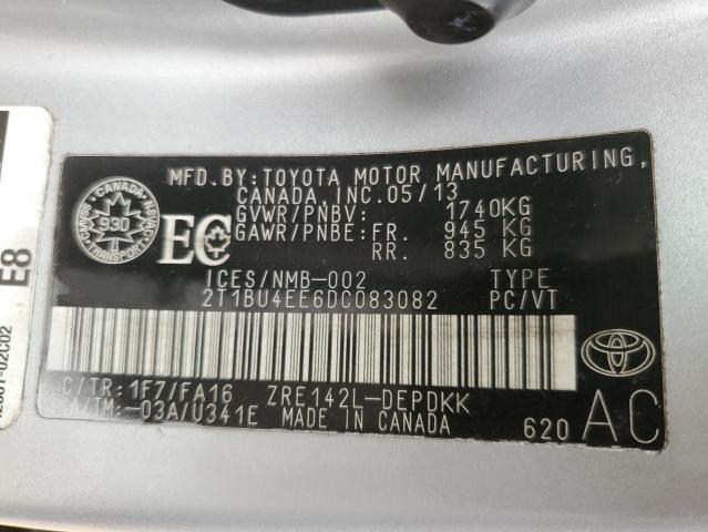 2T1BU4EE6DC083082 - 2013 TOYOTA COROLLA BASE Srebrny zdjęcie 12