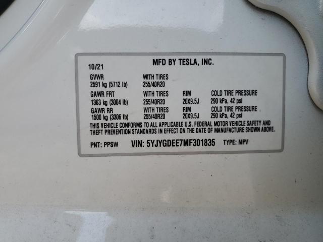 5YJYGDEE7MF301835 - 2021 TESLA MODEL Y Ақ фото 12