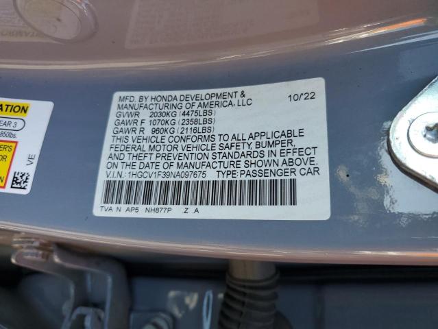 1HGCV1F39NA097675 - 2022 HONDA ACCORD SPORT GRAY photo 12