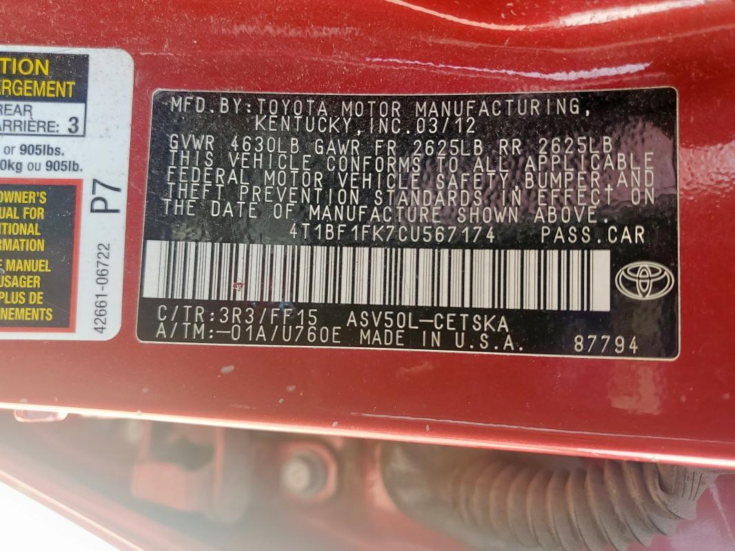 4T1BF1FK7CU567174 - 2012 TOYOTA CAMRY BASE RED photo 12