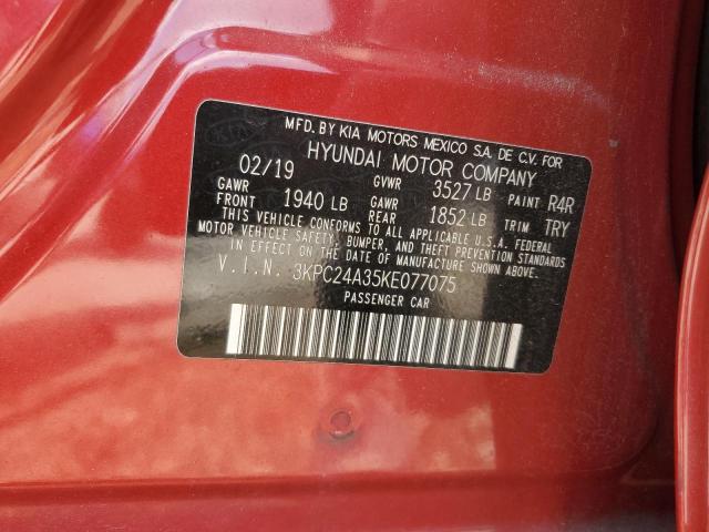 3KPC24A35KE077075 - 2019 HYUNDAI ACCENT SE RED photo 12