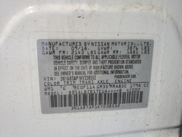 3N1AB7AP1KY238552 - 2019 NISSAN SENTRA S 白色 照片 13