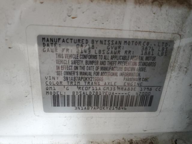 3N1AB7AP0KY219846 - 2019 NISSAN SENTRA S 白色 照片 12