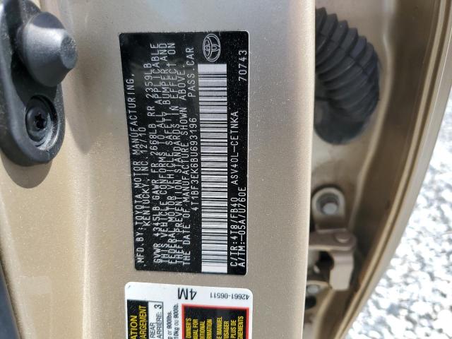 4T1BF3EK6BU693196 - 2011 TOYOTA CAMRY BASE Ոսկեգույն լուսանկար 12