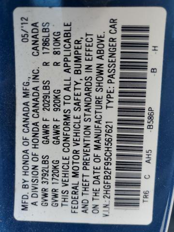 2HGFB2F95CH567621 - 2012 HONDA CIVIC EXL 蓝色 照片 13