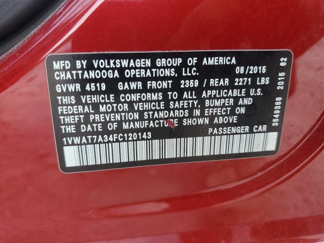 1VWAT7A34FC120143 - 2015 VOLKSWAGEN PASSAT S Qırmızı foto 12