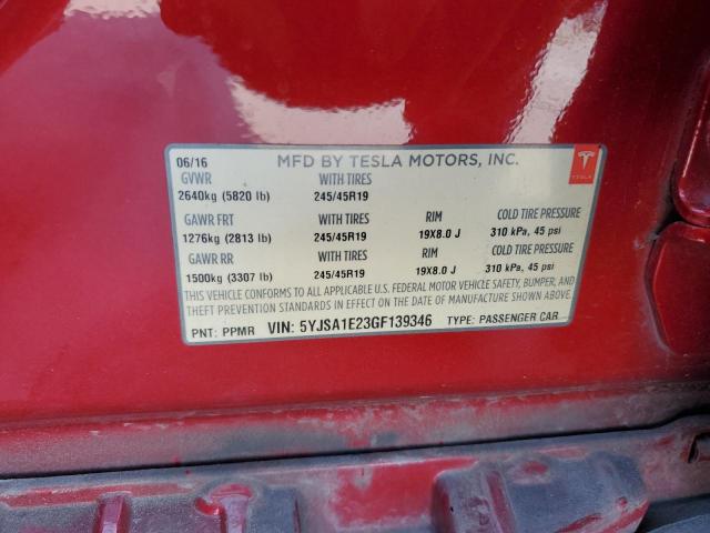 5YJSA1E23GF139346 - 2016 TESLA MODEL S Burdeos foto 13