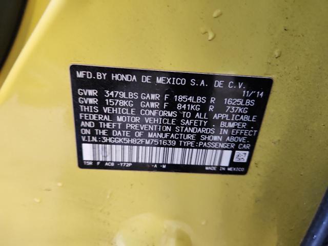 3HGGK5H82FM751639 - 2015 HONDA FIT EX 黄色 照片 12