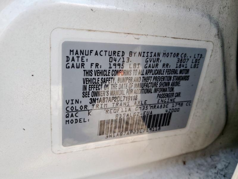 3N1AB7AP2DL719118 - 2013 NISSAN SENTRA S WHITE photo 12