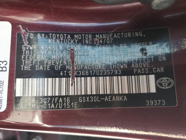 4T1BK36B17U235793 - 2007 TOYOTA AVALON XL BURGUNDY photo 12