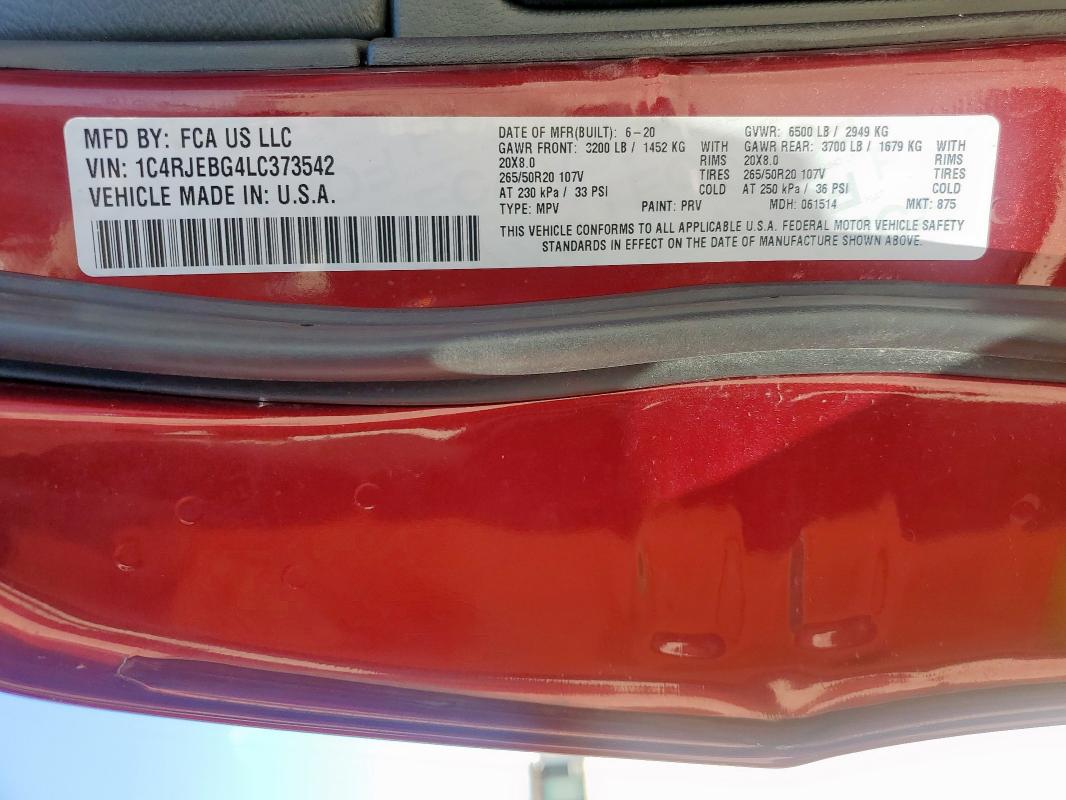 1C4RJEBG4LC373542 - 2020 JEEP GRAND CHER LIMITED ბურგუნდია ფოტო 13