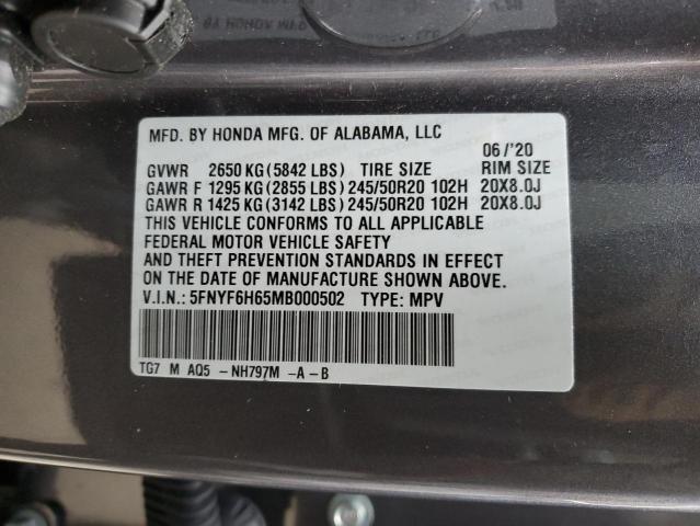 5FNYF6H65MB000502 - 2021 HONDA PILOT TOURING GRAY photo 13