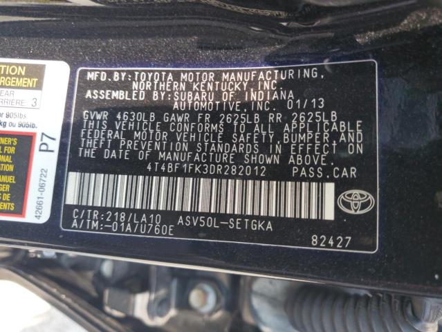4T4BF1FK3DR282012 - 2013 TOYOTA CAMRY L BLACK photo 12