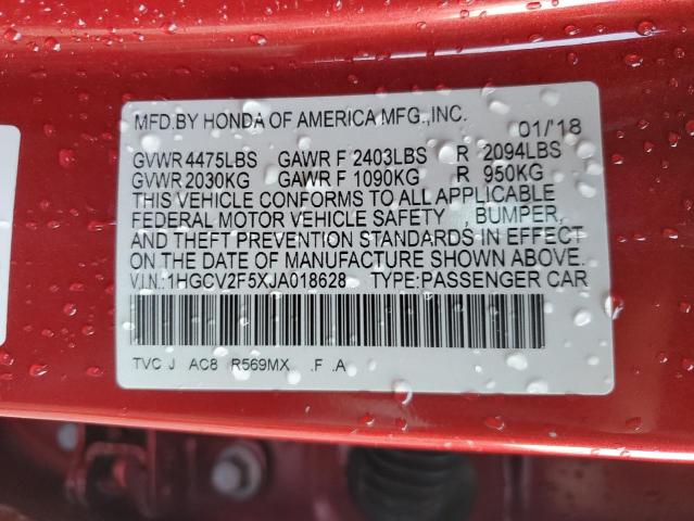 1HGCV2F5XJA018628 - 2018 HONDA ACCORD EXL Կարմիր լուսանկար 13