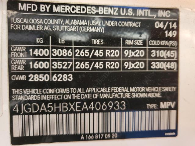 4JGDA5HBXEA406933 - 2014 MERCEDES-BENZ ML 350 4MATIC WHITE photo 13
