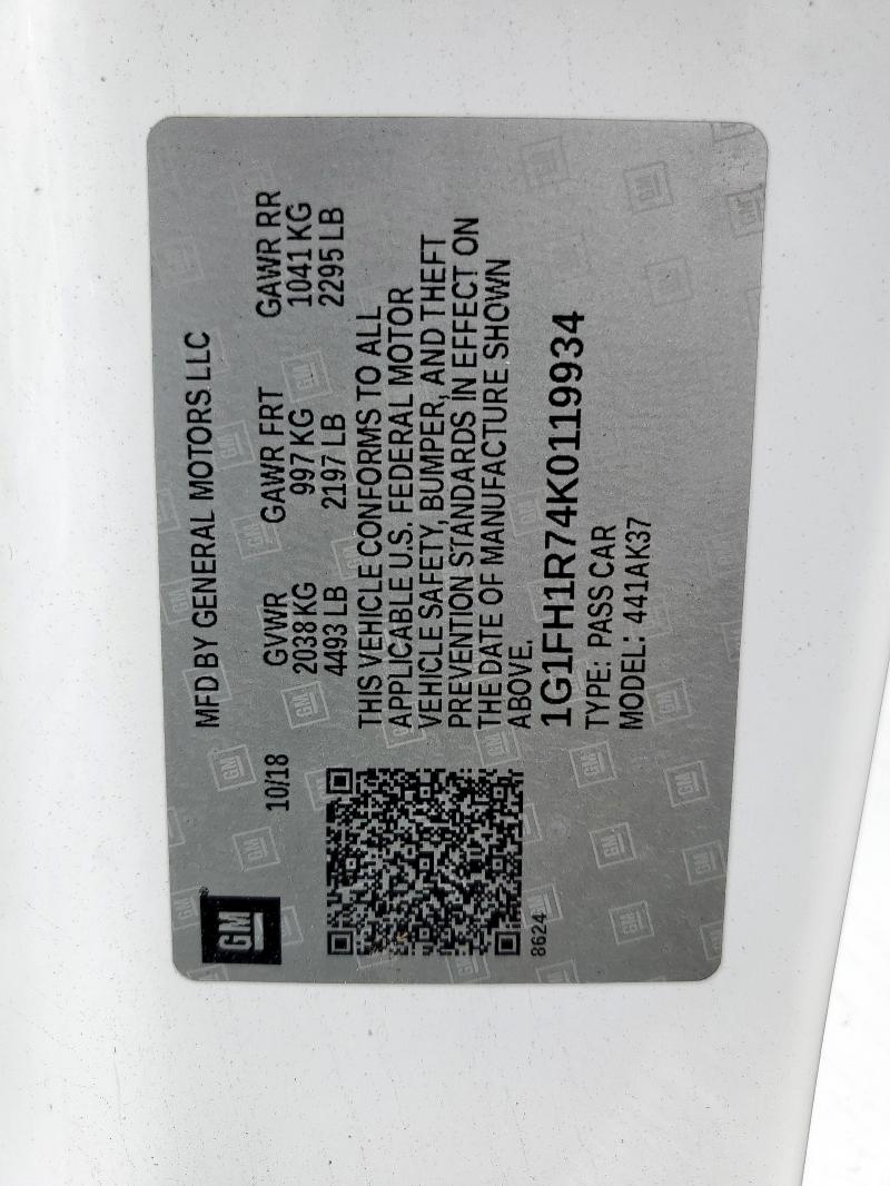 1G1FH1R74K0119934 - 2019 CHEVROLET CAMARO SS WHITE photo 12