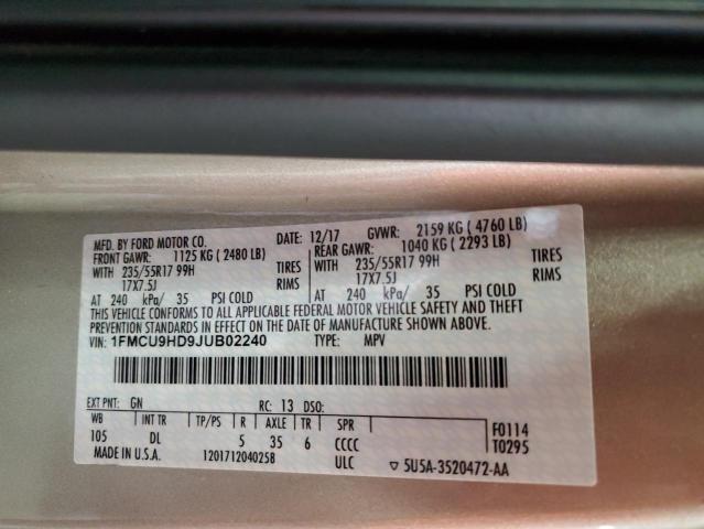 1FMCU9HD9JUB02240 - 2018 FORD ESCAPE SEL ბეჟი ფოტო 13