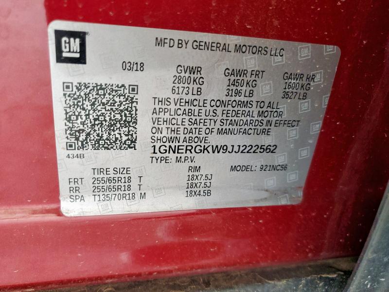 1GNERGKW9JJ222562 - 2018 CHEVROLET TRAVERSE LT Rot Foto 14