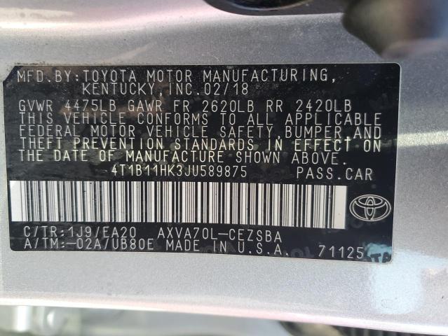 4T1B11HK3JU589875 - 2018 TOYOTA CAMRY L SILVER photo 12