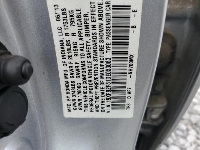 19XFB2F51DE053063 - 2013 HONDA CIVIC LX SILVER photo 12