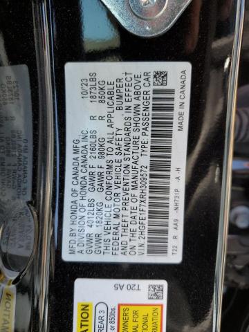 2HGFE1F7XRH309572 - 2024 HONDA CIVIC EX BLACK photo 12