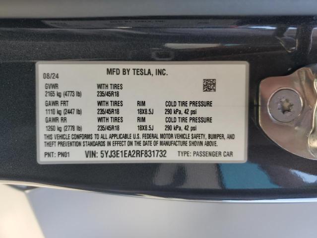 5YJ3E1EA2RF831732 - 2024 TESLA MODEL 3 GRAY photo 13