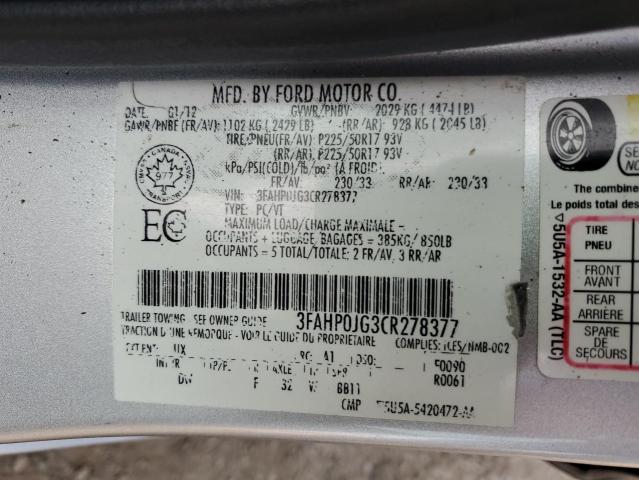 3FAHP0JG3CR278377 - 2012 FORD FUSION SEL SILVER photo 13