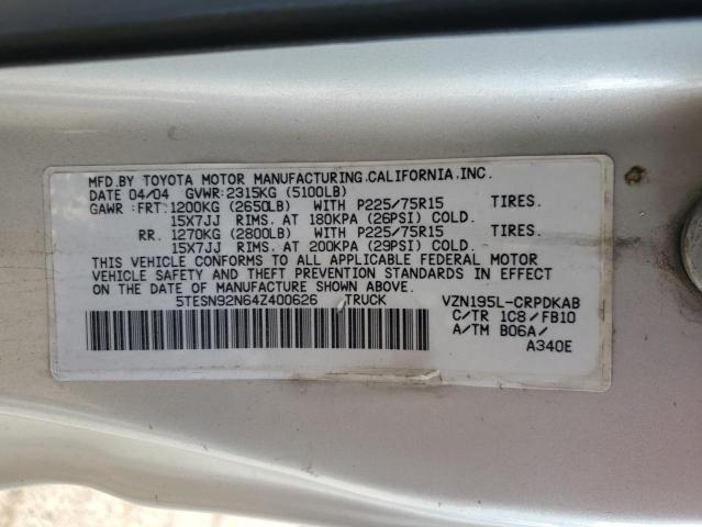 5TESN92N64Z400626 - 2004 TOYOTA TACOMA XTRACAB PRERUNNER ვერცხლისფერი ფოტო 12