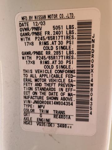 JN8DR09X14W804354 - 2004 NISSAN PATHFINDER LE 白色 照片 13
