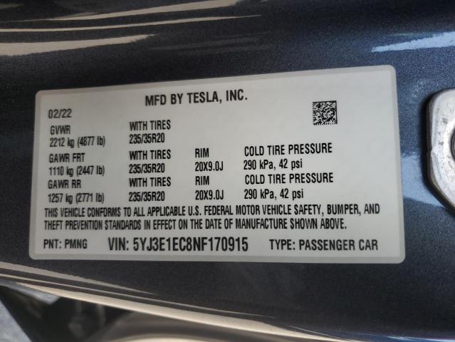 5YJ3E1EC8NF170915 - 2022 TESLA MODEL 3 Сұр фото 12