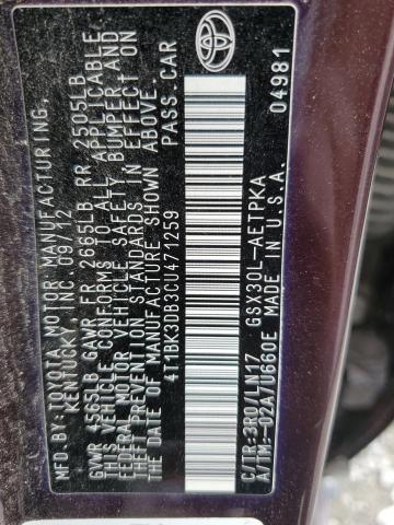 4T1BK3DB3CU471259 - 2012 TOYOTA AVALON BASE 紫色 照片 12