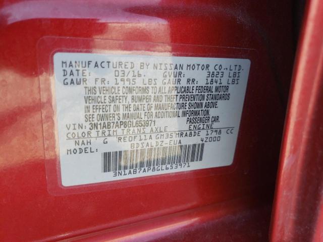 3N1AB7AP8GL653971 - 2016 NISSAN SENTRA S 红色 照片 12